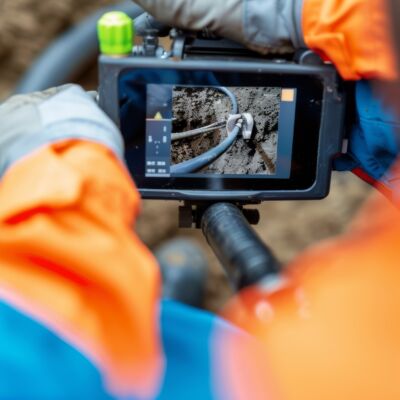 Professional Sewer Inspection Technician Using Camera Equipment in Residential Pipe - Bright Real-Time Monitoring sewer camera inspection