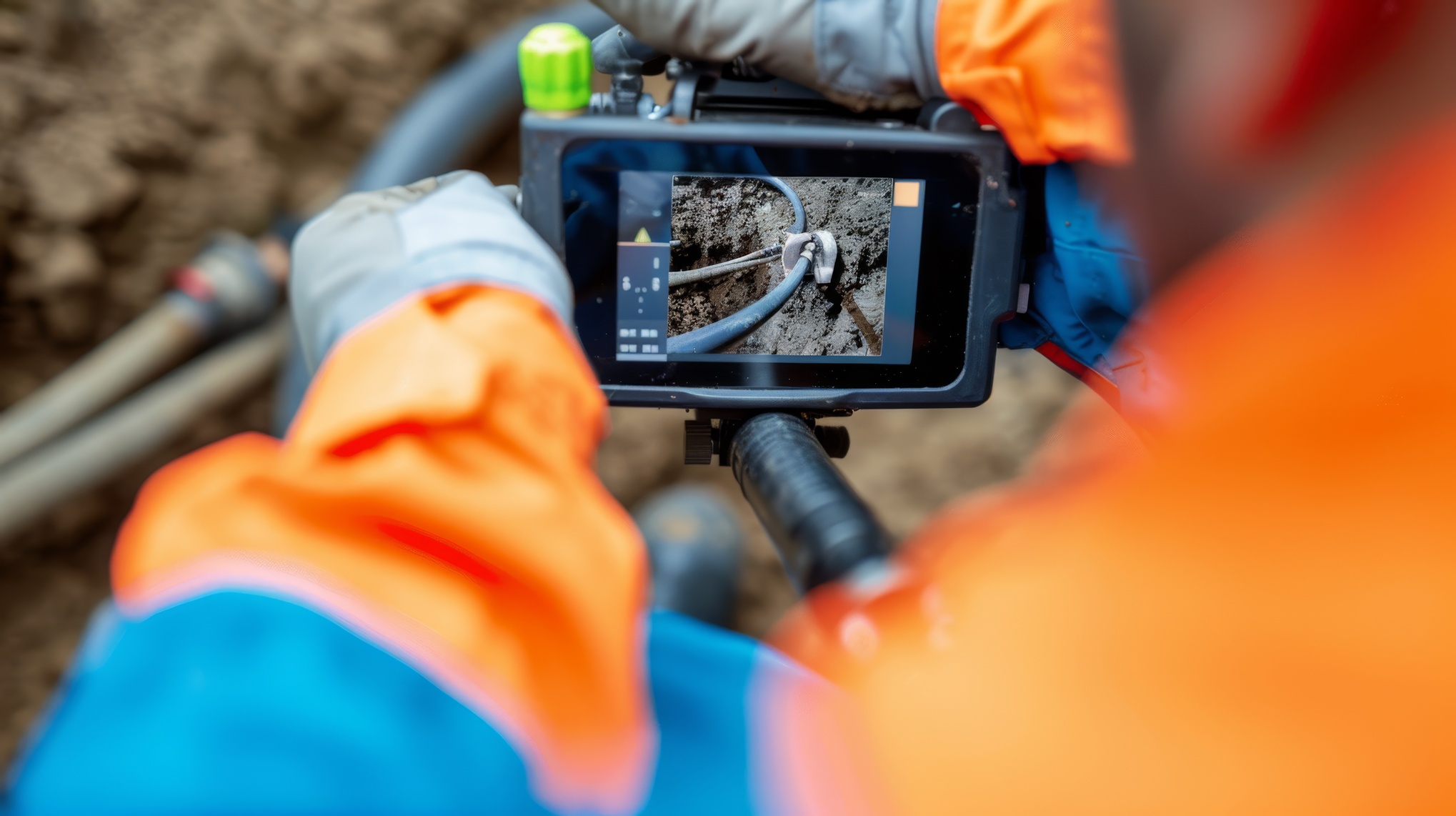 Professional Sewer Inspection Technician Using Camera Equipment in Residential Pipe - Bright Real-Time Monitoring sewer camera inspection