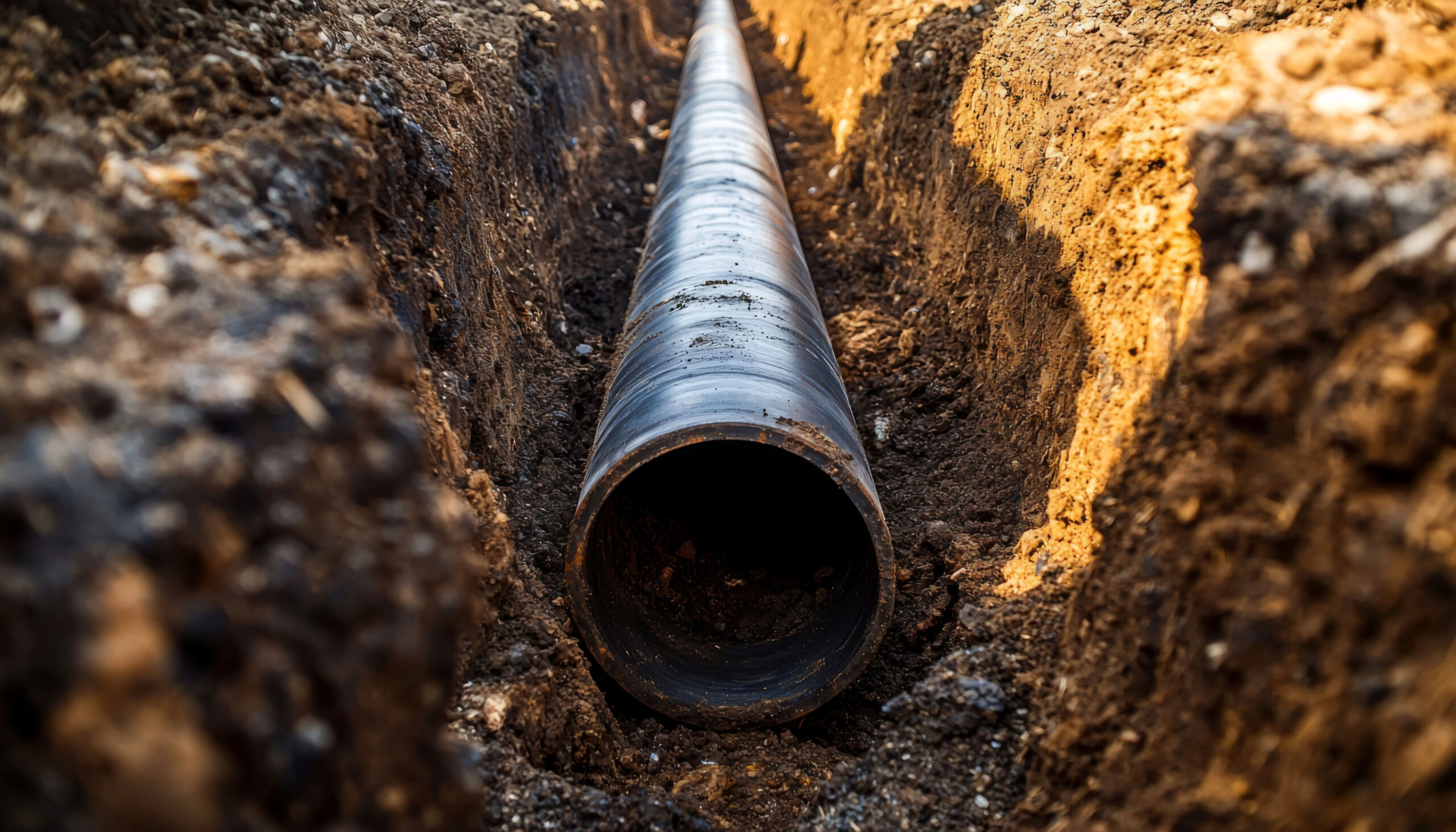 A black pipe lies in a trench, indicating construction or installation work for utilities. Sewer Line Cleaning