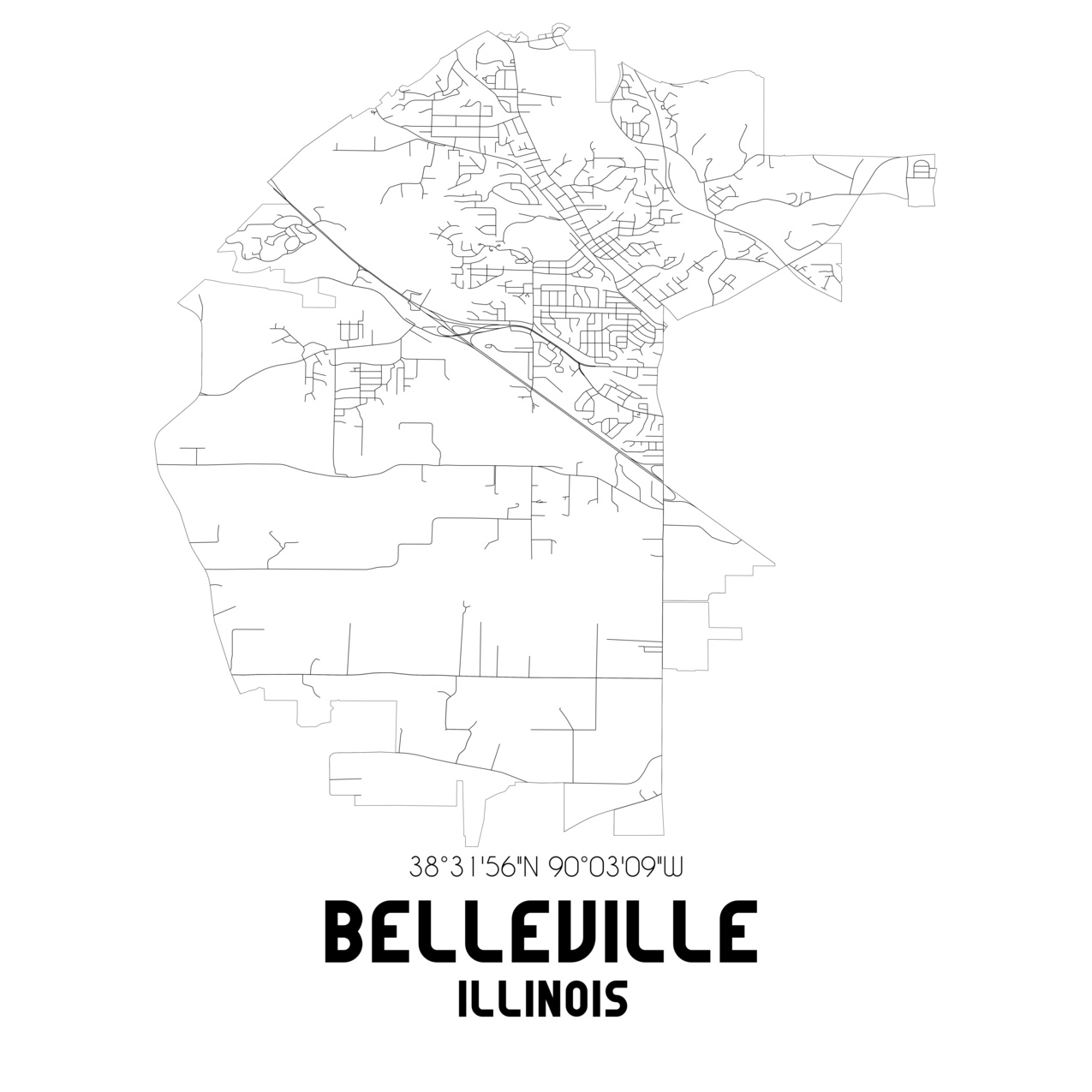 Belleville Illinois. US street map with black and white lines. Belleville plumber