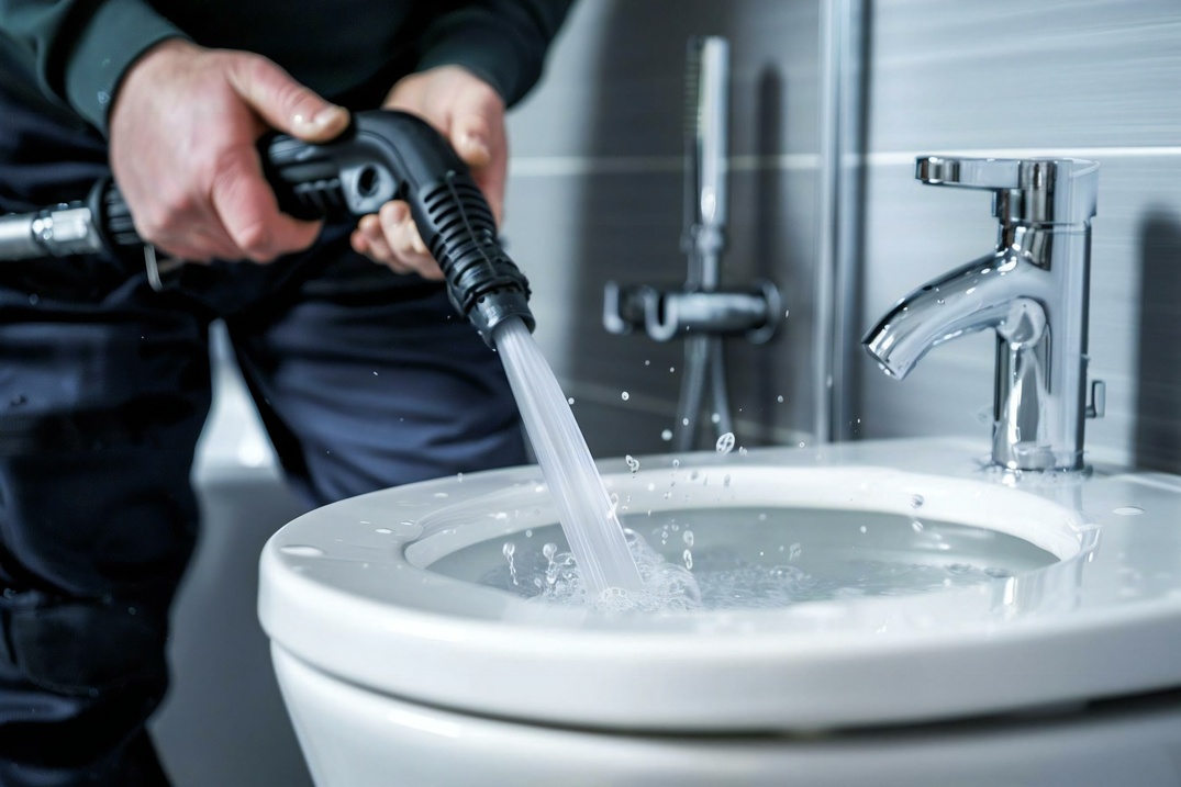 Close-up shot of a plumber using a hydro jet to unclog a blocked toilet in a home bathroom. hydro jetting