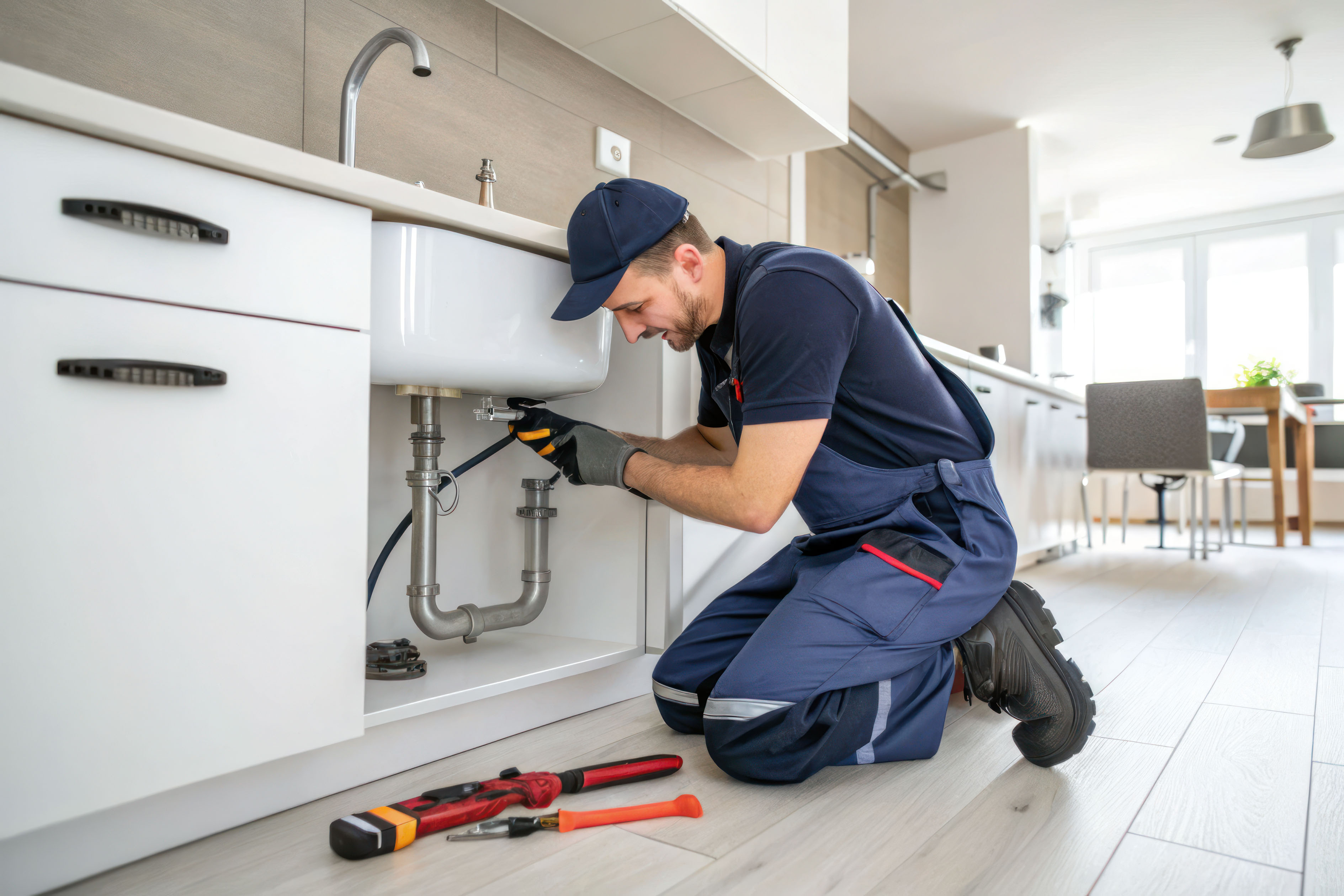 A plumber fixes a faucet in a bright kitchen with a minimal interior. Professional plumbing services plumbing fixture installation