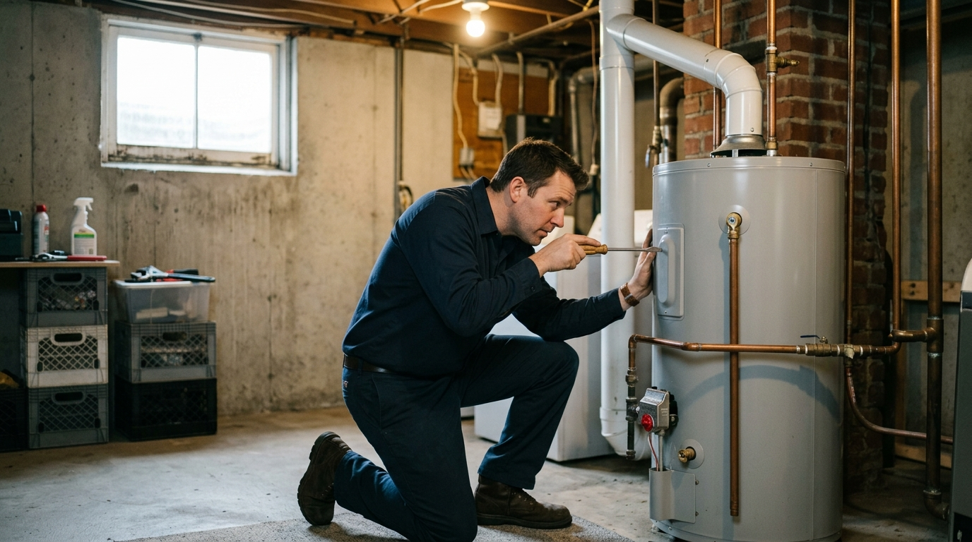 A plumber kneeling beside a residential gas water heater, pressing a screwdriver to the tank jacket to listen for popping.